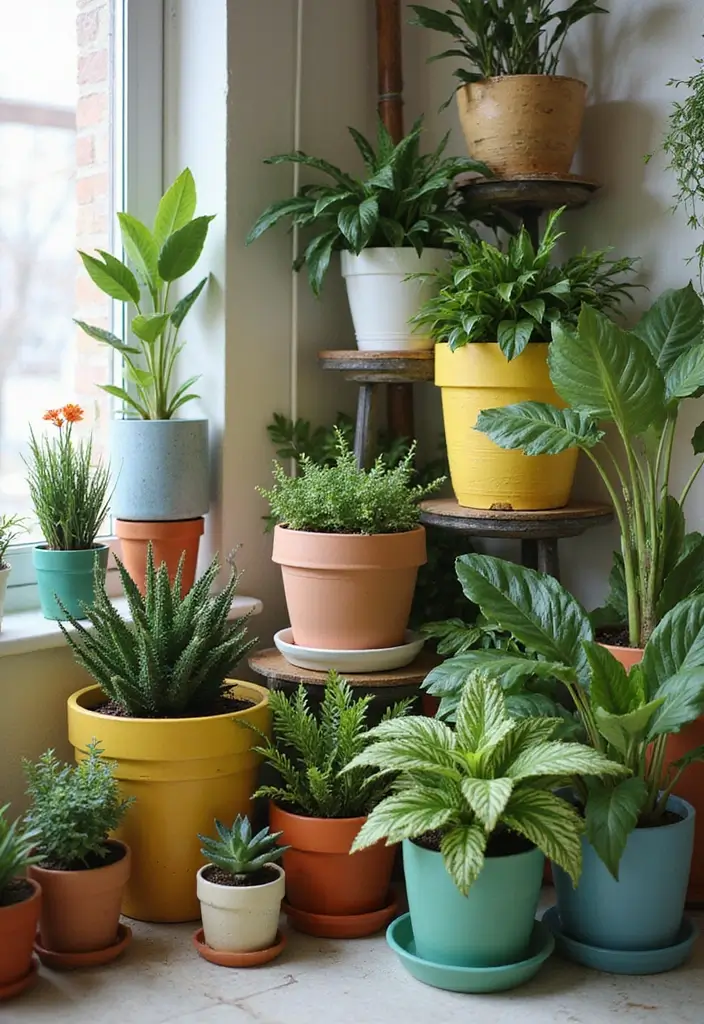 30 Cozy Plant Corner Ideas That Instantly Upgrade Your Room 13 30 Cozy Plant Corner Ideas That Instantly Upgrade Your Room - 13. Colorful Pot Arrangement