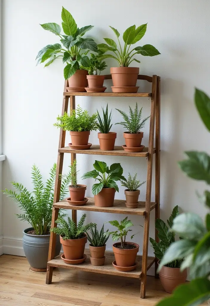 30 Creative Plant Stand Ideas for Indoors and Outdoors 16 30 Creative Plant Stand Ideas for Indoors and Outdoors - 16. Ladder-Style Plant Stand
