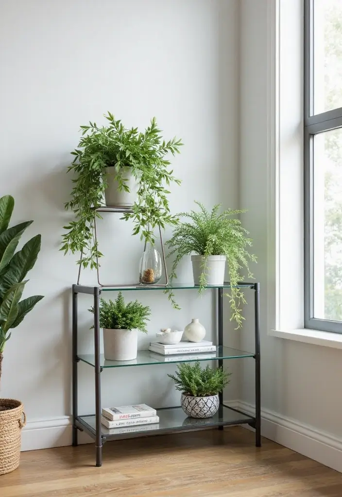 30 Creative Plant Stand Ideas for Indoors and Outdoors 24 30 Creative Plant Stand Ideas for Indoors and Outdoors - 24. Decorative Glass Shelf Stand