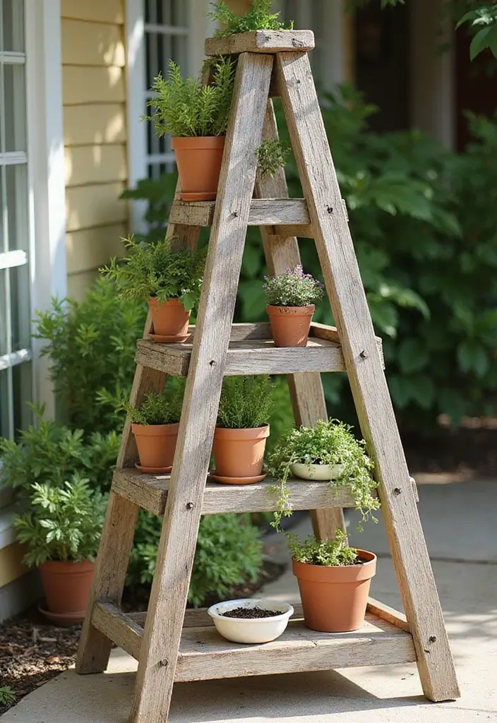 30 Creative Plant Stand Ideas for Indoors and Outdoors 3 30 Creative Plant Stand Ideas for Indoors and Outdoors - 3. Rustic Ladder Plant Stand