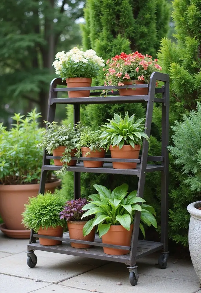 30 Creative Plant Stand Ideas for Indoors and Outdoors 8 30 Creative Plant Stand Ideas for Indoors and Outdoors - 8. Tiered Metal Plant Cart