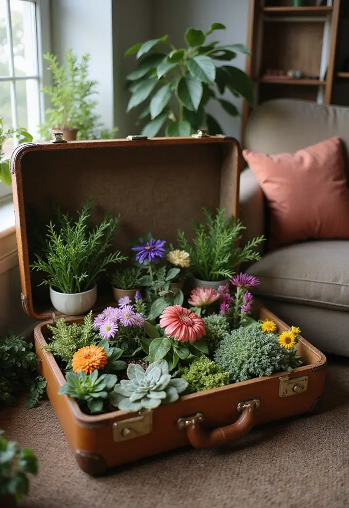 30 Creative Plant Vase Ideas for Every Style 18 30 Creative Plant Vase Ideas for Every Style - 18. Vintage Suitcases as Display