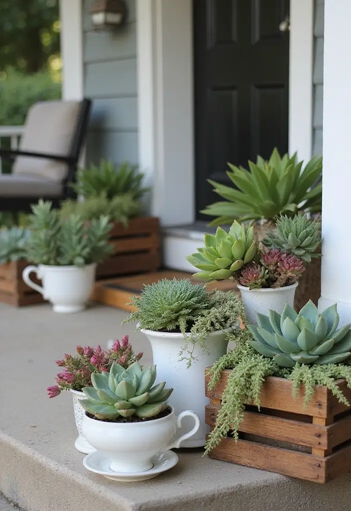30 Front Porch Plant Ideas That Boost Curb Appeal 2 30 Front Porch Plant Ideas That Boost Curb Appeal - 2. Charming Succulent Displays