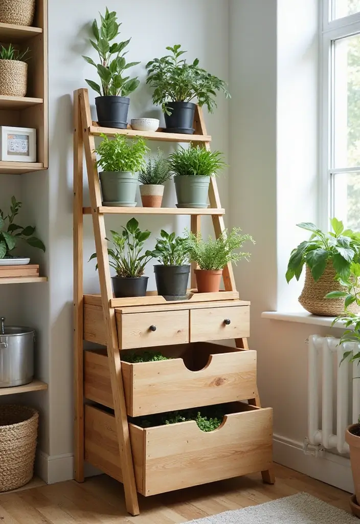 30 Indoor Plant Stand Ideas to Maximize Small Spaces 13 30 Indoor Plant Stand Ideas to Maximize Small Spaces - 13. Tiered Plant Ladder with Drawers