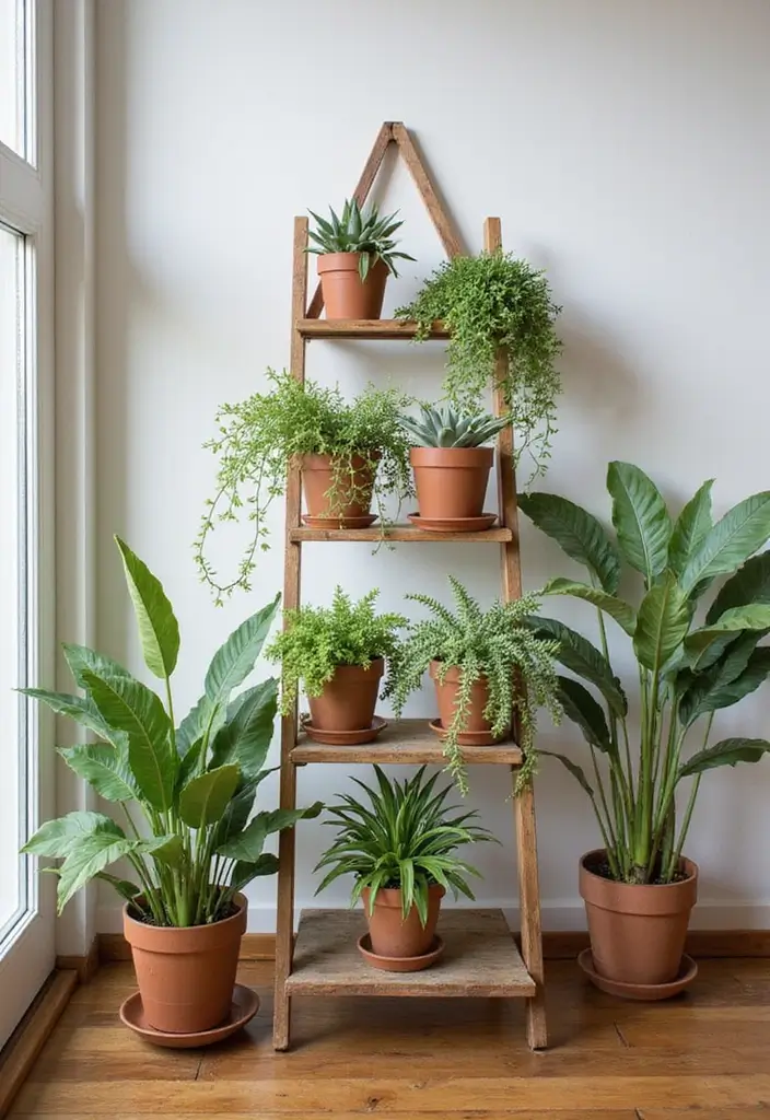 30 Indoor Plant Stand Ideas to Maximize Small Spaces 15 30 Indoor Plant Stand Ideas to Maximize Small Spaces - 15. Decorative Ladder Plant Stand