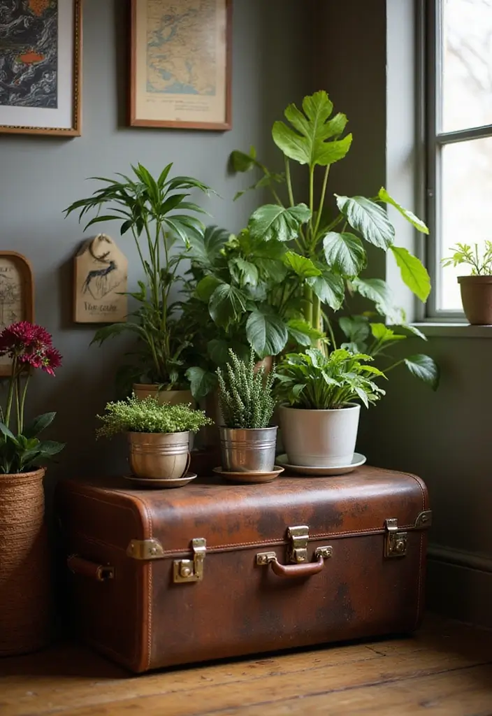 30 Indoor Plant Stand Ideas to Maximize Small Spaces 7 30 Indoor Plant Stand Ideas to Maximize Small Spaces - 7. Vintage Suitcase Plant Stand