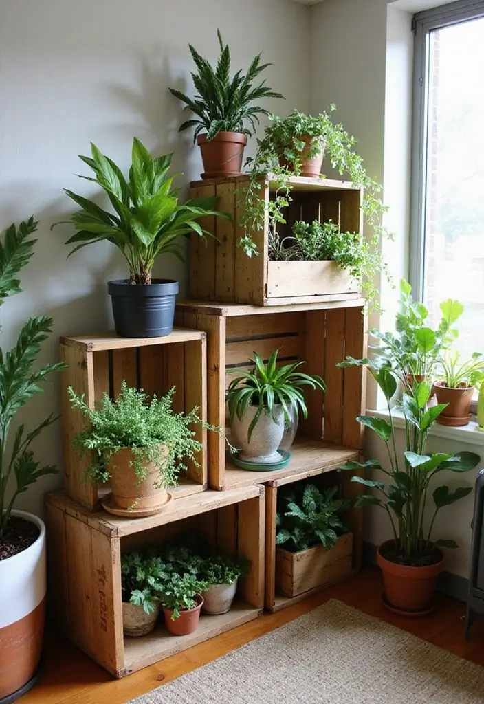 30 Indoor Plant Stand Ideas to Maximize Small Spaces 8 30 Indoor Plant Stand Ideas to Maximize Small Spaces - 8. Repurposed Crates as Plant Stands