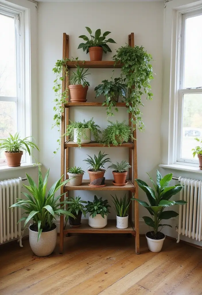 30 Indoor Plant Wall Ideas for a Green Home Vibe - 13. Pot Ladder Displays