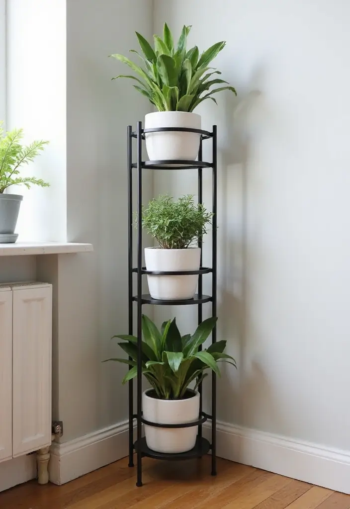 30 Iron Plant Stand Ideas That Look Chic and Sturdy 18 30 Iron Plant Stand Ideas That Look Chic and Sturdy - 18. Space-Saving Iron Stand