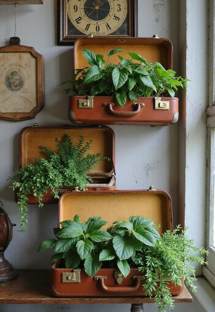 30 Money Plant Hanging Ideas for Good Luck and Style 10 30 Money Plant Hanging Ideas for Good Luck and Style - 10. Vintage Suitcases