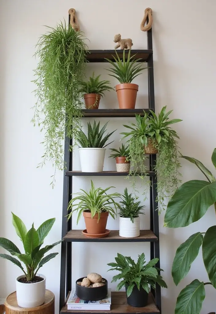 30 Money Plant Hanging Ideas for Good Luck and Style 29 30 Money Plant Hanging Ideas for Good Luck and Style - 29. Hanging Ladder Shelf