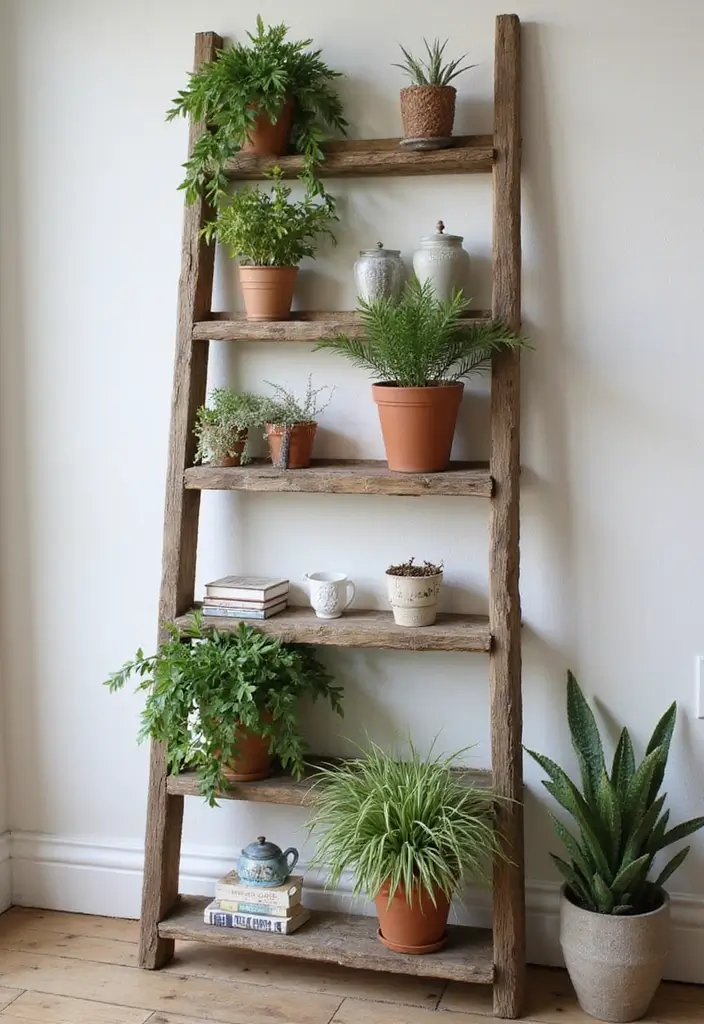 30 Money Plant Hanging Ideas for Good Luck and Style 7 30 Money Plant Hanging Ideas for Good Luck and Style - 7. Ladder Displays