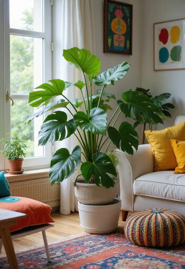 30 Monstera Plant Aesthetic Ideas for Modern Homes 15 30 Monstera Plant Aesthetic Ideas for Modern Homes - 15. Monstera with Colorful Accents
