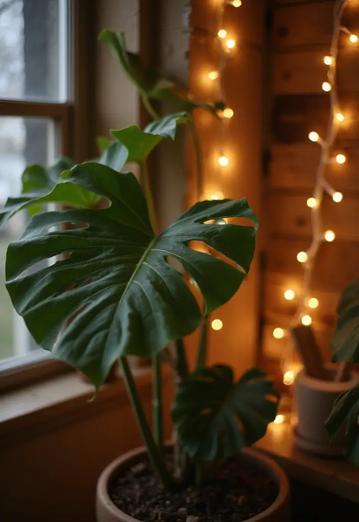 30 Monstera Plant Aesthetic Ideas for Modern Homes 27 30 Monstera Plant Aesthetic Ideas for Modern Homes - 27. Monstera and String Lights