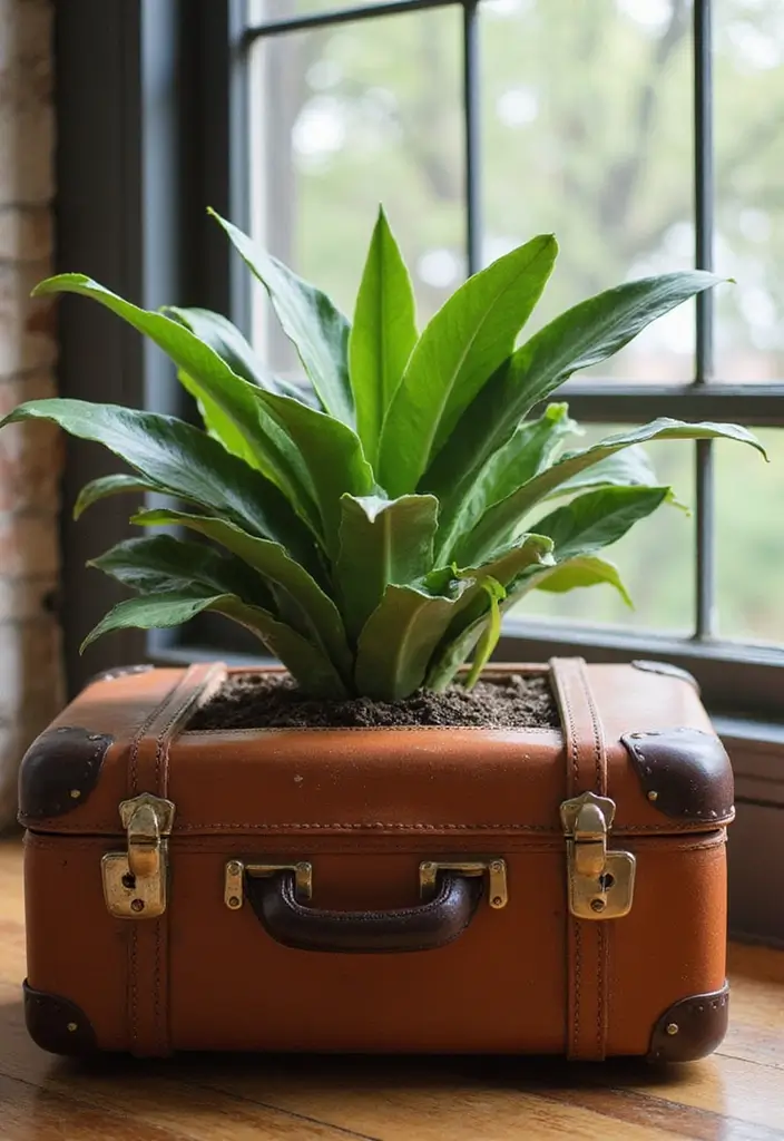 30 Mother-in-Law’s Tongue Plant Styling Ideas 30 30 Mother-in-Law’s Tongue Plant Styling Ideas - 30. Vintage Suitcase Planters