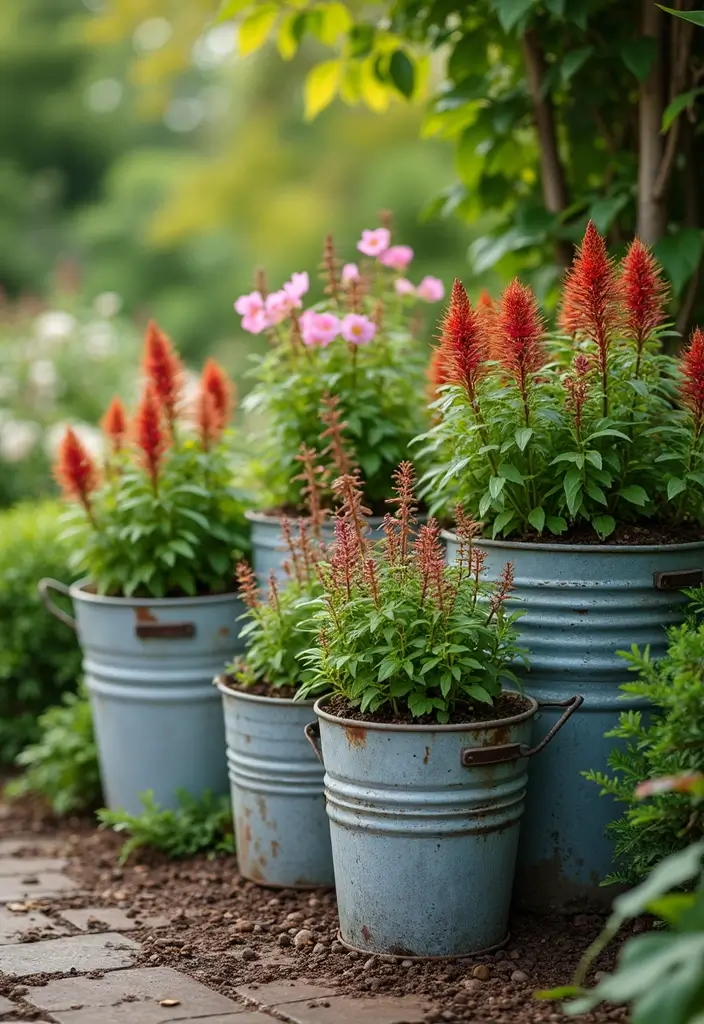 30 Outdoor Plant Stand Ideas That Elevate Your Garden 11 30 Outdoor Plant Stand Ideas That Elevate Your Garden - 11. Rustic Metal Buckets