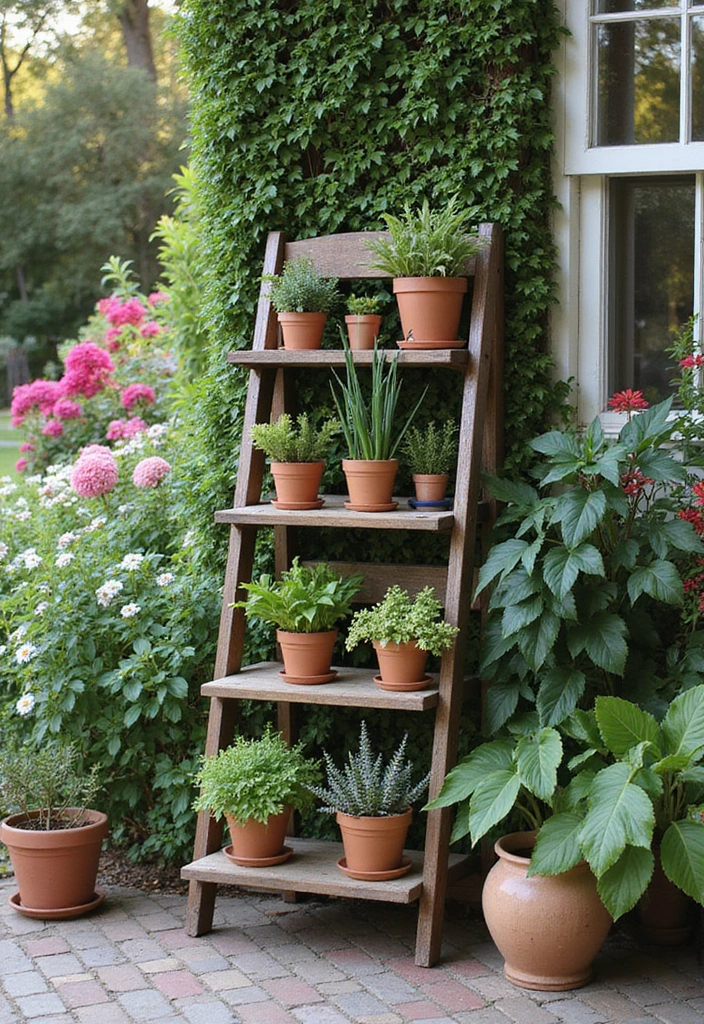 30 Outdoor Plant Stand Ideas That Elevate Your Garden 24 30 Outdoor Plant Stand Ideas That Elevate Your Garden - 24. Botanical Ladder Shelf