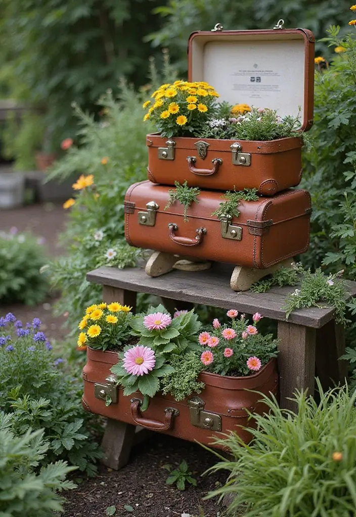30 Outdoor Plant Stand Ideas That Elevate Your Garden 9 30 Outdoor Plant Stand Ideas That Elevate Your Garden - 9. Vintage Suitcase Planters