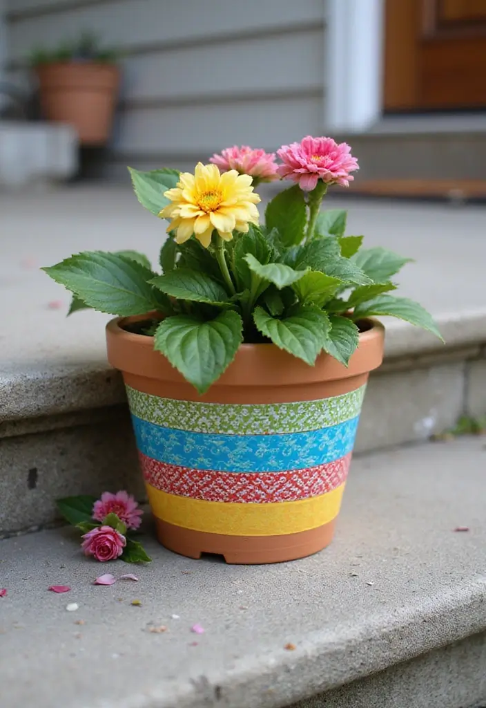 30 Painted Plant Pot Ideas to Brighten Any Space 29 30 Painted Plant Pot Ideas to Brighten Any Space - 29. Fun Patterned Tape