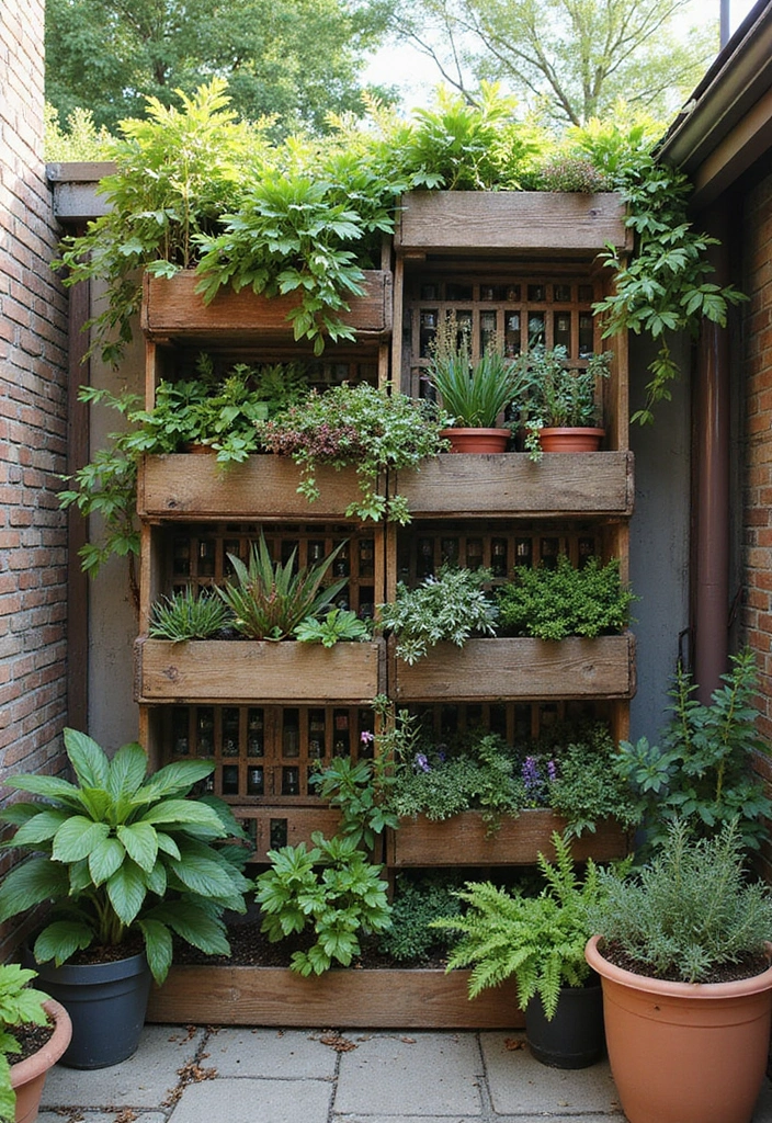 30 Patio Plant Wall Designs for Stylish Outdoor Living 28 30 Patio Plant Wall Designs for Stylish Outdoor Living - 28. Vertical Garden with Repurposed Materials