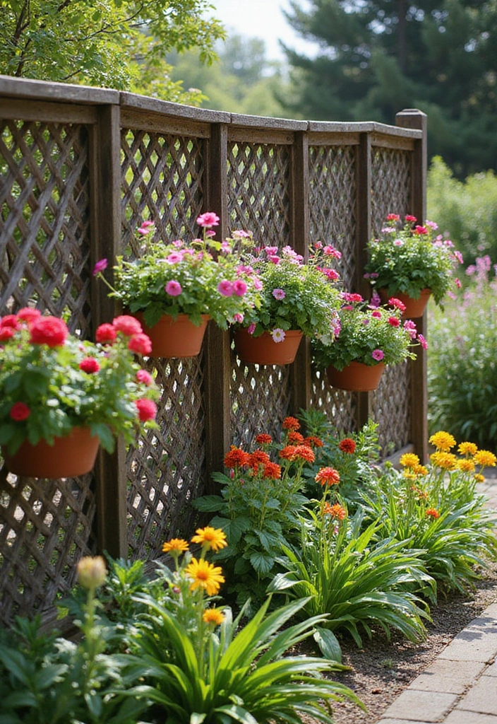 30 Plant Fence Ideas to Blend Nature with Privacy 7 30 Plant Fence Ideas to Blend Nature with Privacy - 7. Lattice Fence with Hanging Baskets