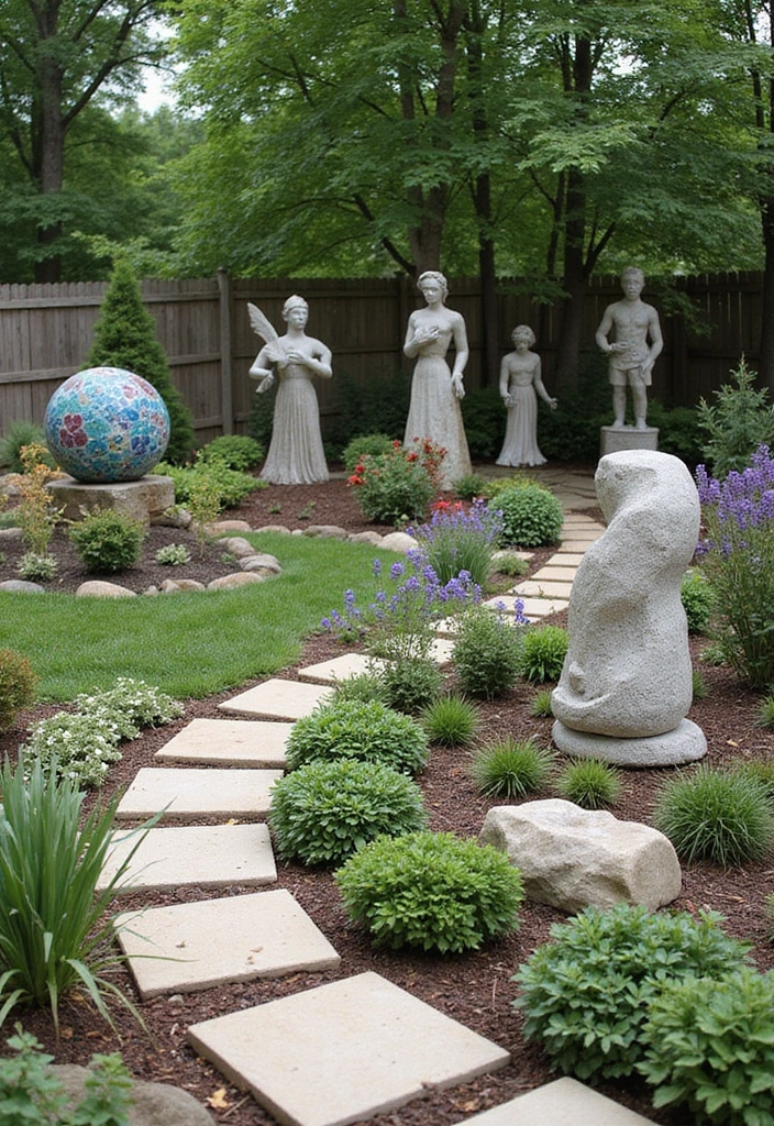 30 Plant Landscaping Ideas for a Lush Backyard - 22. Garden Art
