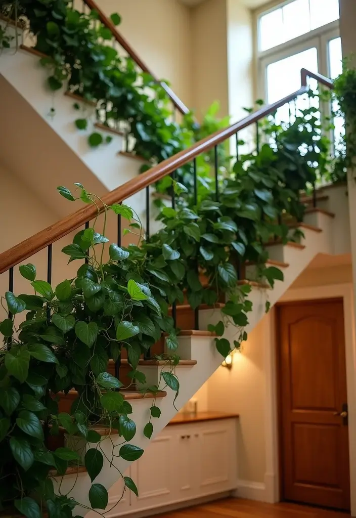 30 Pothos Plant Decor Ideas for Every Corner of Your Home 18 30 Pothos Plant Decor Ideas for Every Corner of Your Home - 18. Staircase Railing Displays