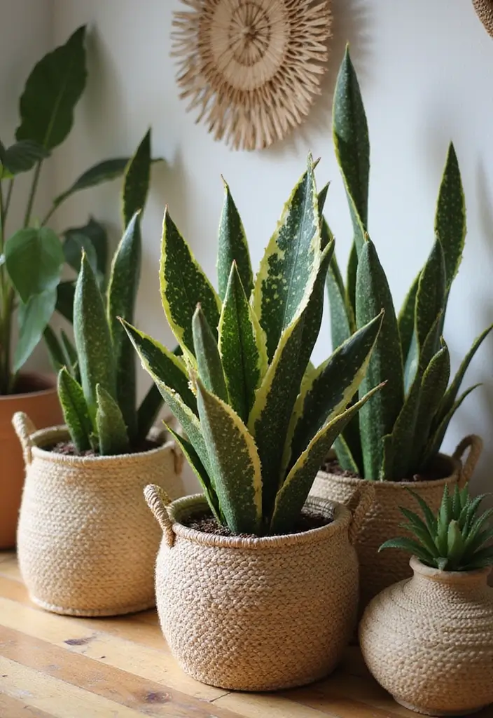 30 Snake Plant Pot Ideas for Stylish Indoor Decor 11 30 Snake Plant Pot Ideas for Stylish Indoor Decor - 11. Natural Fiber Baskets