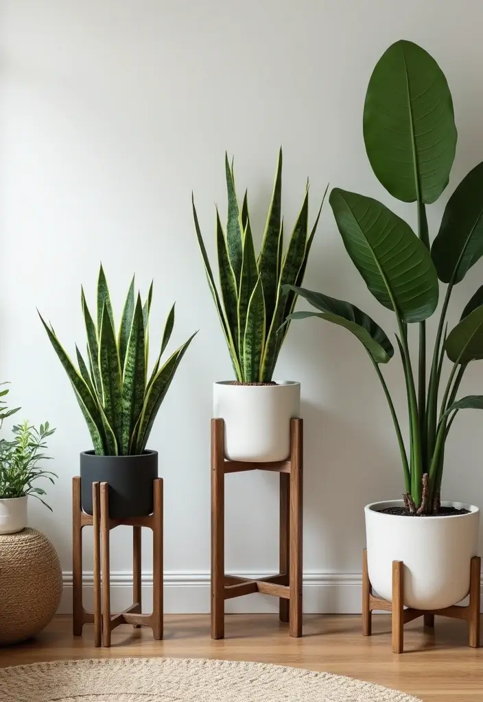 30 Snake Plant Pot Ideas for Stylish Indoor Decor 13 30 Snake Plant Pot Ideas for Stylish Indoor Decor - 13. Cohesive Plant Stands