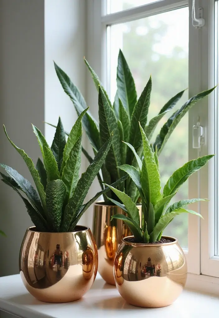 30 Snake Plant Pot Ideas for Stylish Indoor Decor 23 30 Snake Plant Pot Ideas for Stylish Indoor Decor - 23. Reflective Surfaces