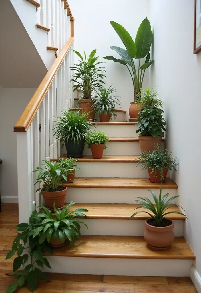 30 Stunning Plant Decor Ideas for a Fresh and Modern Look - 29. Utilizing Stairs for Plant Displays