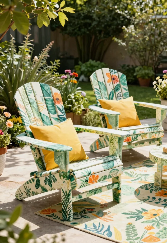 10 Adirondack Chair Patio Ideas for Relaxed Outdoor Living 23 10 Adirondack Chair Patio Ideas for Relaxed Outdoor Living - 3. Adirondack Chairs with Nature-Inspired Patterns 1