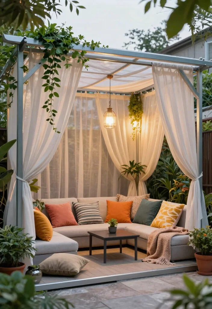 10 Aluminum Pergola Ideas for Modern Low Maintenance Yards - 2. Cozy Retreat with Draped Fabrics 1