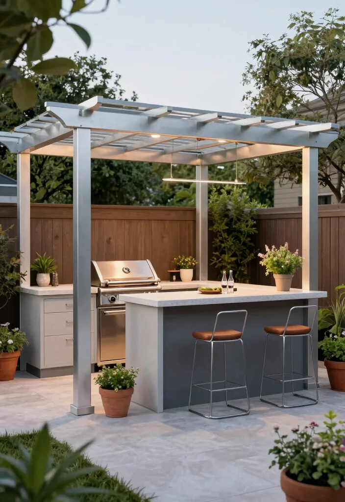 10 Aluminum Pergola Ideas for Modern Low Maintenance Yards - 3. Integrated Outdoor Kitchen 1