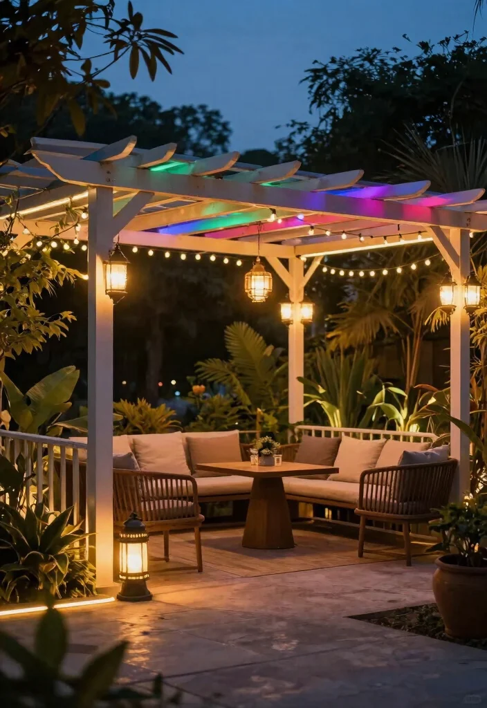 10 Aluminum Pergola Ideas for Modern Low Maintenance Yards - 5. Colorful Accent Lighting 1