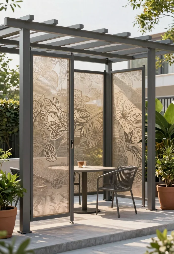 10 Aluminum Pergola Ideas for Modern Low Maintenance Yards - 6. Artistic Privacy Screens 1