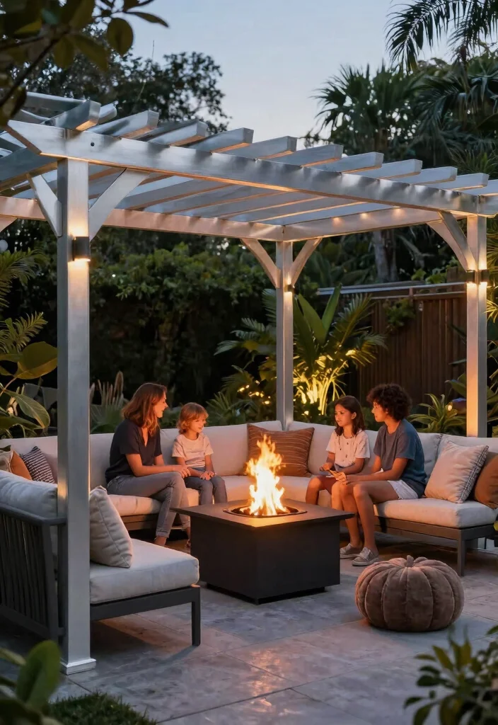 10 Aluminum Pergola Ideas for Modern Low Maintenance Yards - 8. Integrated Fire Pit 1