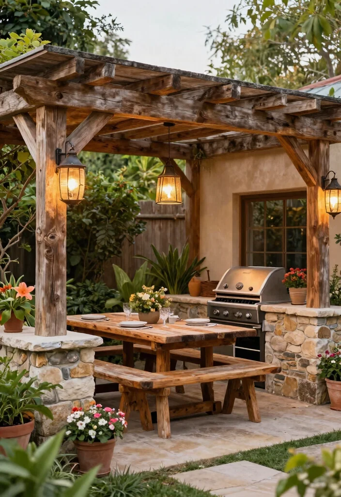 10 BBQ Pergola Ideas for Outdoor Cooking and Entertaining 23 10 BBQ Pergola Ideas for Outdoor Cooking and Entertaining - 3. Rustic Charm with Wood and Stone 1