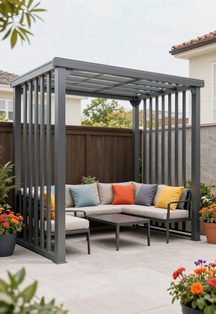 10 BBQ Pergola Ideas for Outdoor Cooking and Entertaining 34 10 BBQ Pergola Ideas for Outdoor Cooking and Entertaining - 4. Modern Metal Pergola 1