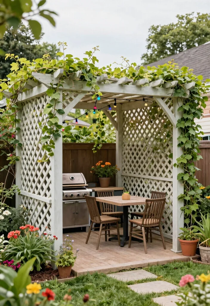10 BBQ Pergola Ideas for Outdoor Cooking and Entertaining 45 10 BBQ Pergola Ideas for Outdoor Cooking and Entertaining - 5. Shade-Creating Lattice Pergola 1
