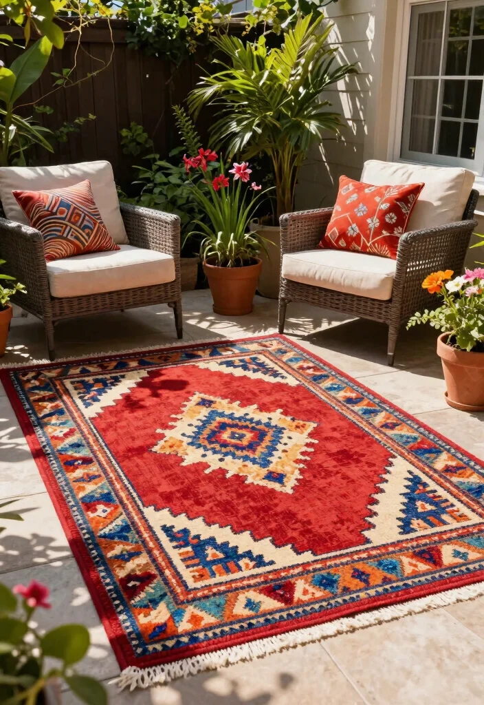 10 Backyard Corner Patio Ideas for Cozy Outdoor Seating - 8. Use Outdoor Rugs for Comfort 1