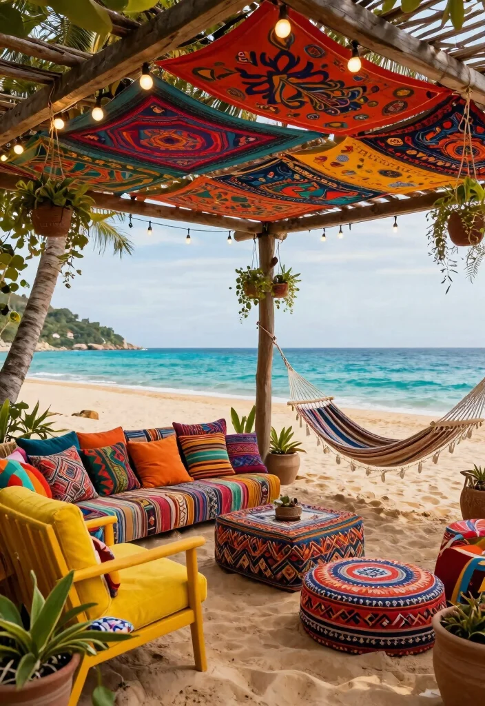 10 Beach Pergola Ideas for Relaxed Coastal Outdoor Living - 2. Colorful Bohemian Retreat 1