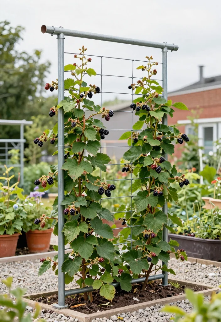10 Berry Trellis Ideas for Organized and Productive Gardens - 2. Wire and Pipe Trellis 1