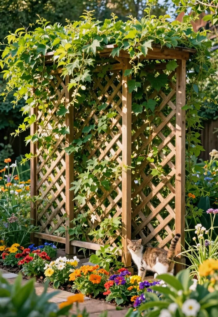 10 Cat Fence Ideas to Keep Pets Safe Outdoors - 7. Lattice Panels with Climbing Plants 1