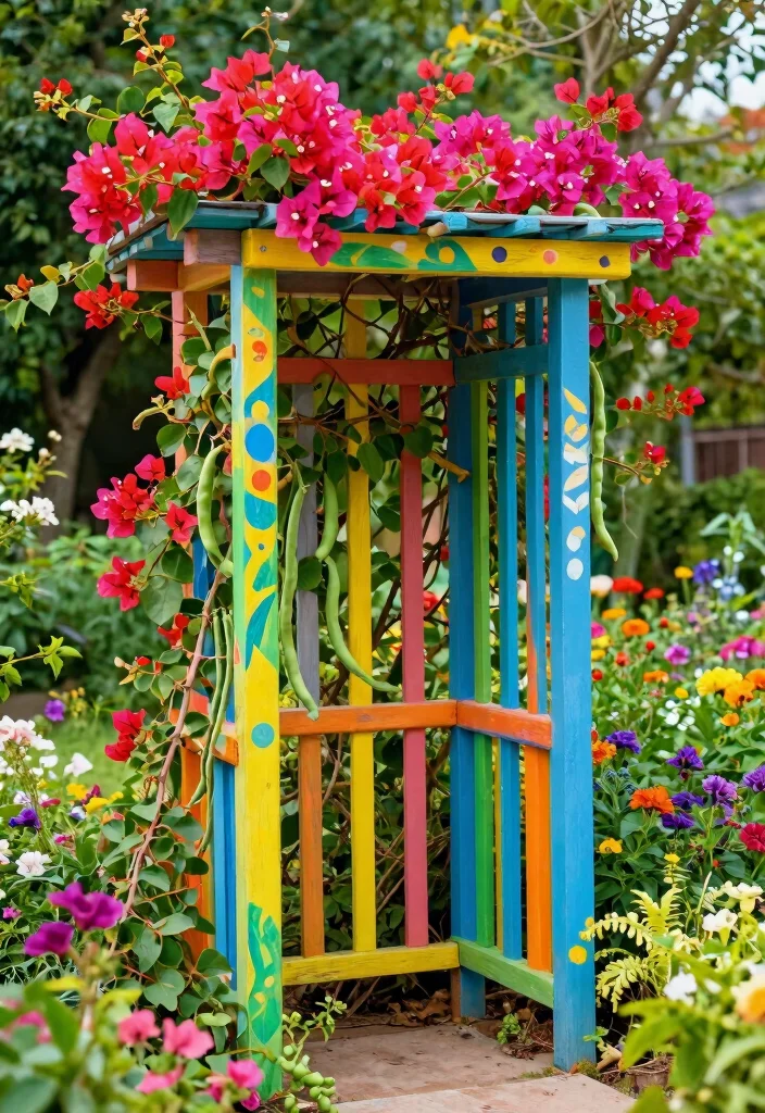 10 Corner Trellis Ideas to Maximize Small Garden Spaces - 10. Colorful Painted Trellis 1