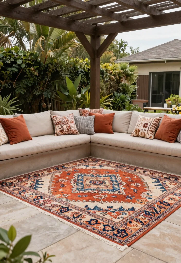 10 Decorating Pergola Ideas for Seasonal Outdoor Style - 10. Cozy Outdoor Rugs 1