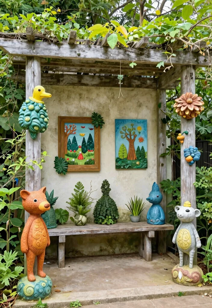 10 Decorating Pergola Ideas for Seasonal Outdoor Style - 9. Garden Art and Sculptures 1