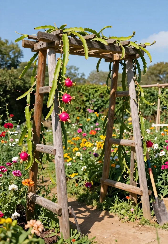 10 Dragon Fruit Trellis Ideas for Strong and Productive Growth - 1. Rustic Wooden A-Frame Trellis 1