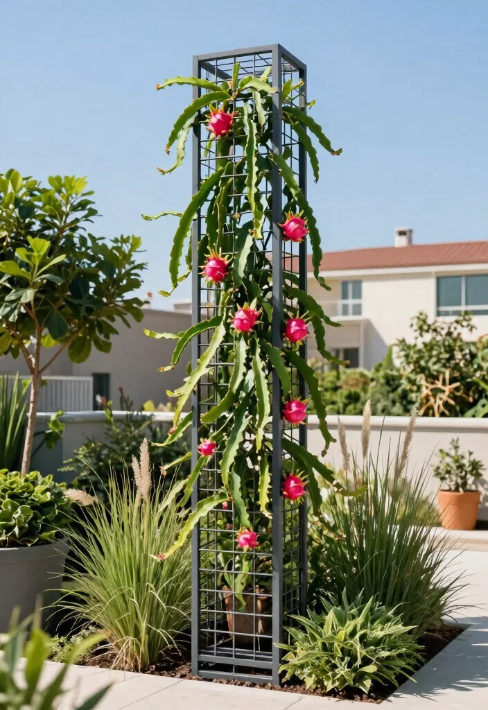 10 Dragon Fruit Trellis Ideas for Strong and Productive Growth - 2. Vertical Metal Grid Trellis 1