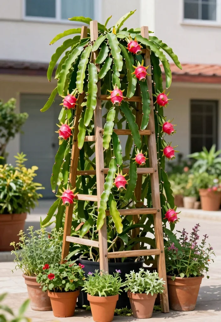 10 Dragon Fruit Trellis Ideas for Strong and Productive Growth - 9. Ladder-Style Trellis 1